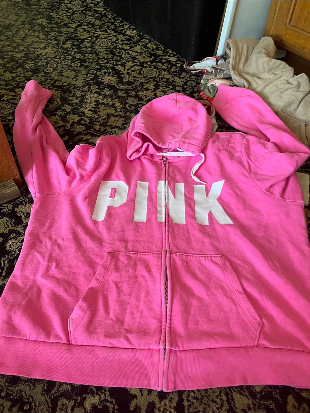 PINK Victoria's Secret Bright Pink Full-Zip Hoodie with White Logo
